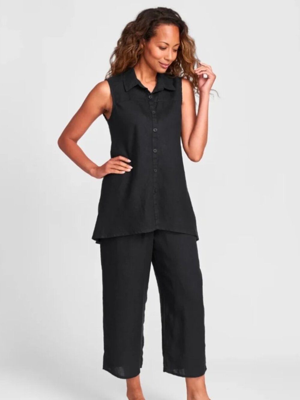 Flax 100% Linen Black Sleeveless Button-Down Lagenlook Shirt Tunic Dress, size M - Picture 2 of 11